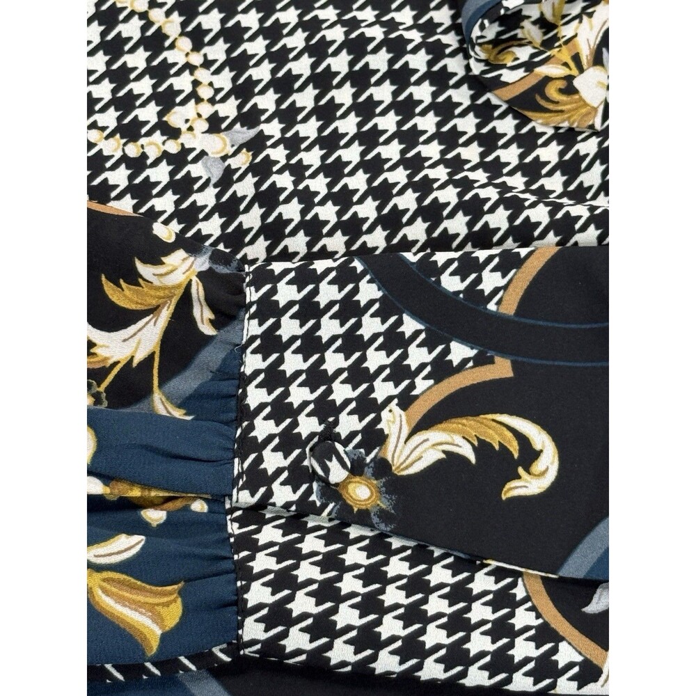 Ann Taylor Bow Tie Blouse Teal Pearl Print Equestrian Long Sleeve Size Small - Picture 4 of 13